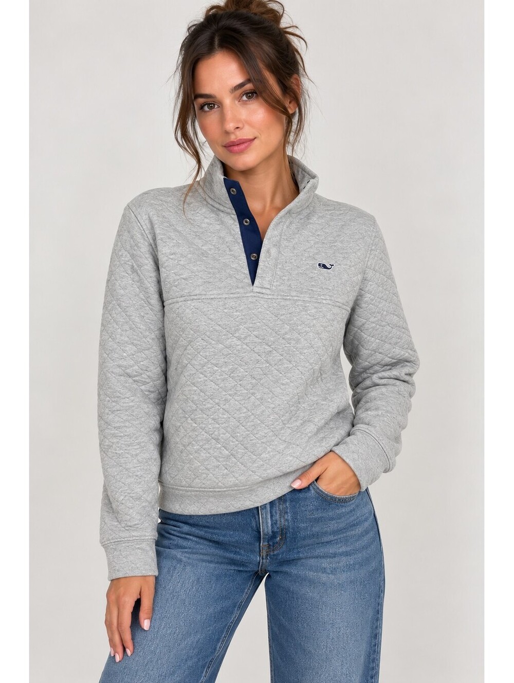 Vineyard Vines Women's Gray Quilted Snap Neck Pullover M Preppy Sweatshirt